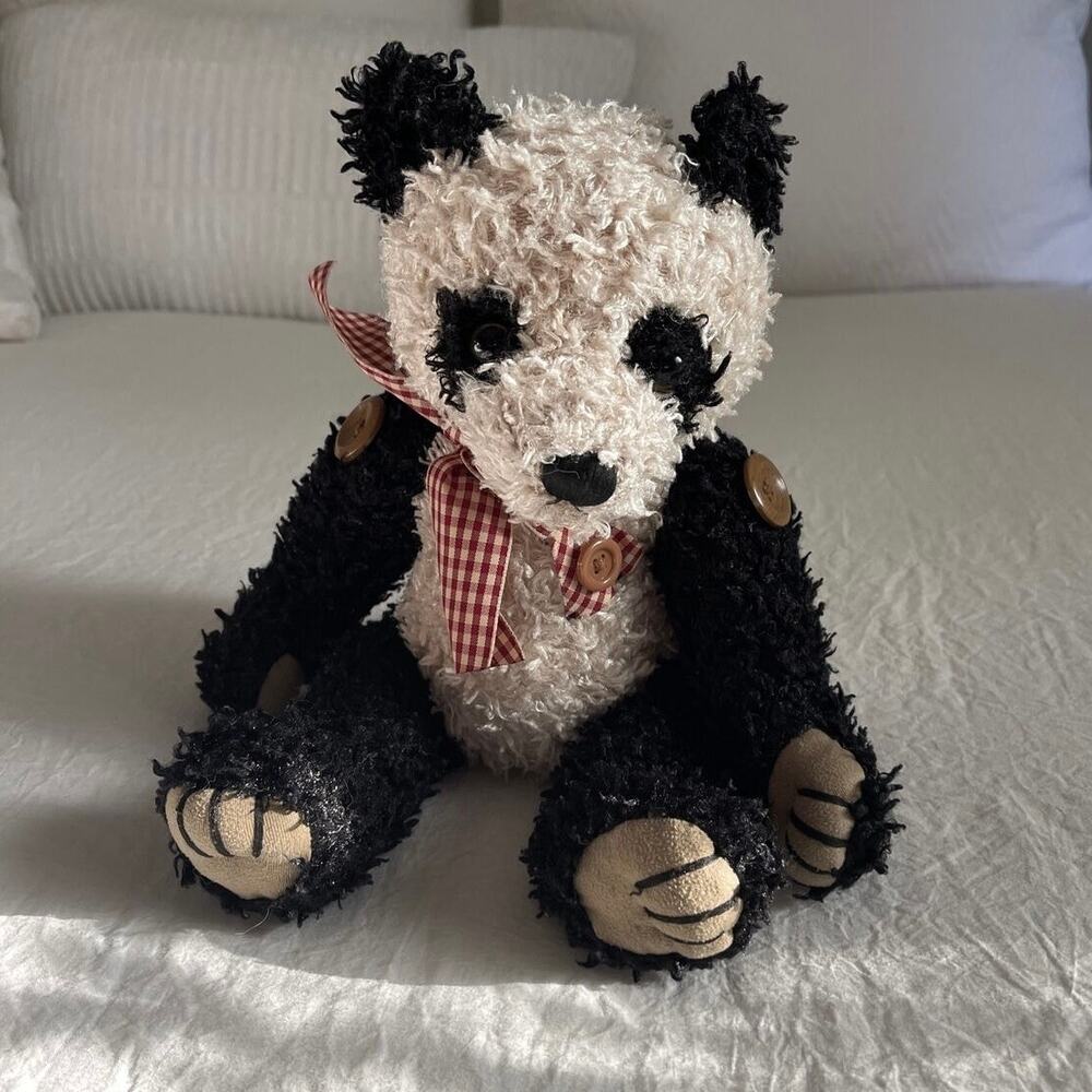 DanDee Panda Teddy Bear 15" Collector's Choice & Red Check Bow Tie Buttons